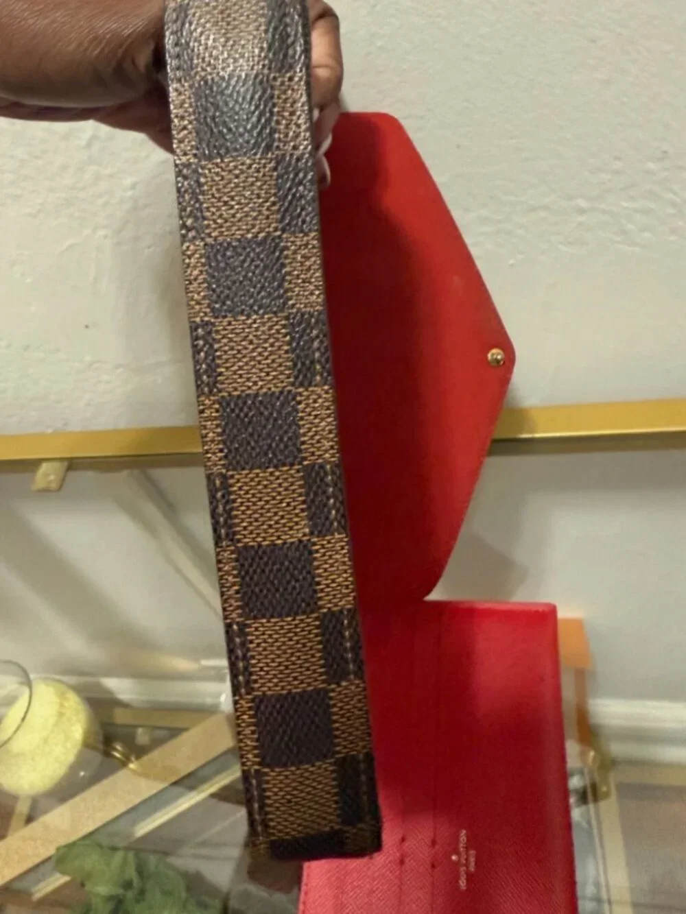 Louis Vuitton Damier Ebene Felicie with Red Wallet Insert Gold Chain Strap